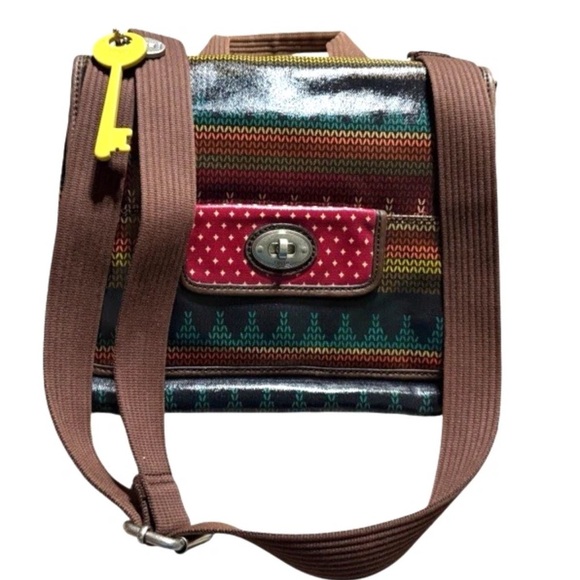 Fossil Key Per Coated Canvas Leather Trim Crossbody Messenger Bag Key charm - Picture 5 of 16